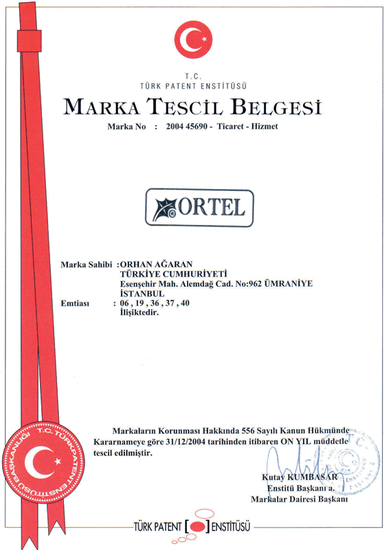 ORTEL 2004 tarihli marka tescil belgesi